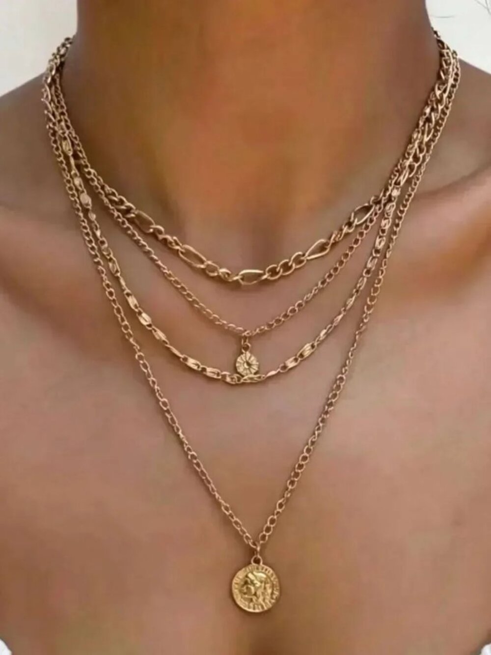 Layered Gold Coin Pendant Necklace Set R745